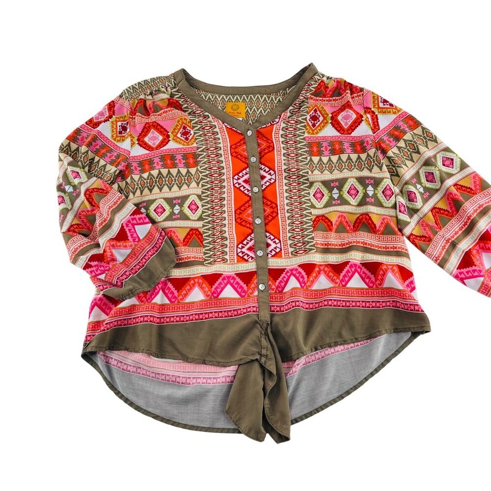 Ruby Rd. Womens Aztec Print Button-Up Blouse 1X Rayon Multicolor‎